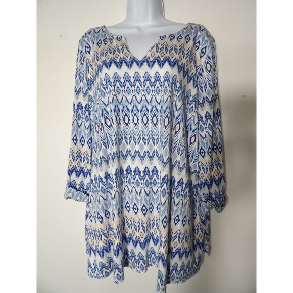 Jessica London 22/24 1X Tunic Boho Geometric Blue 3/4 Sleeve V Neck Peasant - Picture 1 of 11